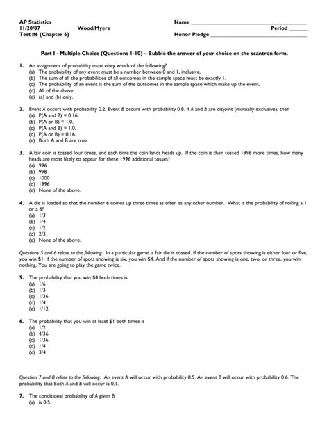 Chapter 6 Prabability - Take Home TEST. . Ap statistics chapter 6 multiple choice practice